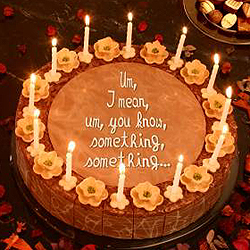 Mike's beautiful homemade chocolate cake with his inscription, ''Um, I mean, um, you know, something, something...''